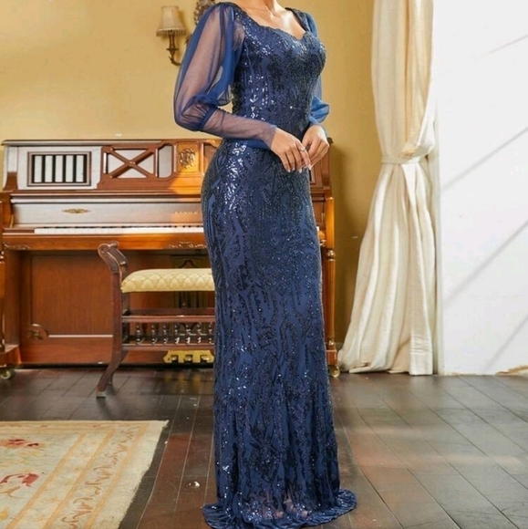 Blue Contrast Sequined and Contrast Mesh, Long Bishop Sleeve, Mermaid Ma… - Picture 5 of 11